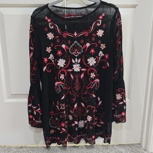 IC COLLECTION Sheer Black with Pink and White Embroidered Tunic